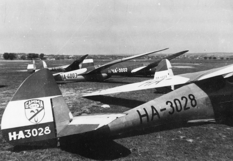 Előtérben egy Rubik R-08c Pilis, balra két Jancsó-Szokolay M-22, jobbra hátrébb egy sötét színű Göppingen Gö-4 vitorlázó repülőgép.