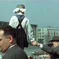 Ötvenhatosok tere (Sztálin tér), május 1-i felvonulás. Hidas István, Rákosi Mátyás, Dobi István a dísztribünön.