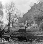 tó a Berchtold-kastély parkjában, jobbra a vár.