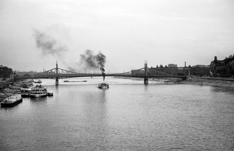 gőzhajó a Dunán és a Szabadság híd az Erzsébet híd felől fényképezve,